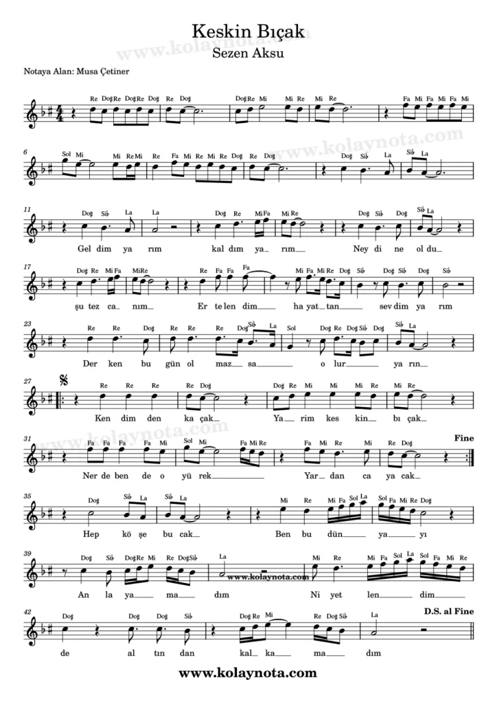Sezen Aksu, Keskin Bıçak şarkısının La Karar sesinde kolay notasyonu