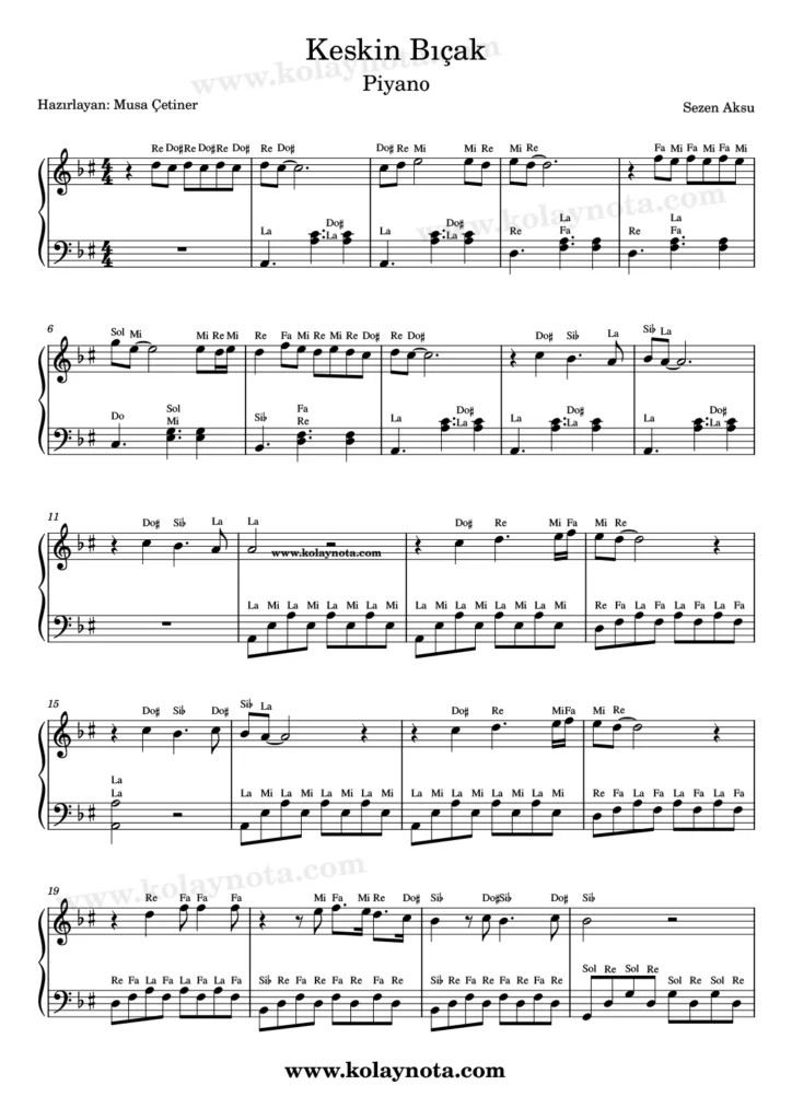 Sezen Aksu, Keskin Bıçak şarkısının piyano düzenlemesi. 1. Sayfa