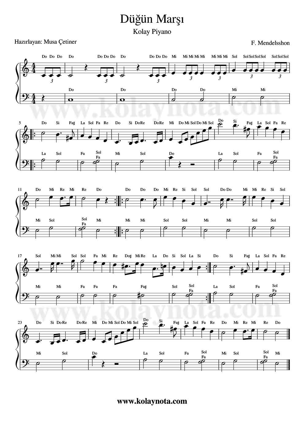 Düğün Marşı - Piano Notası