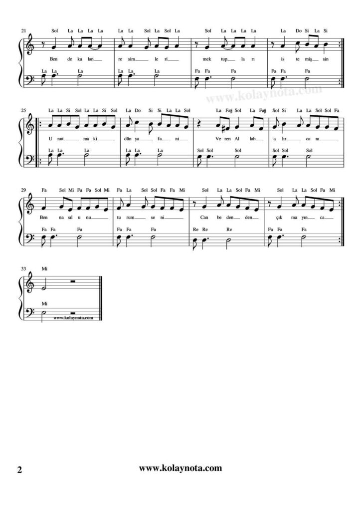 Can Bedenden Çıkmayınca - Piyano Nota - 2
