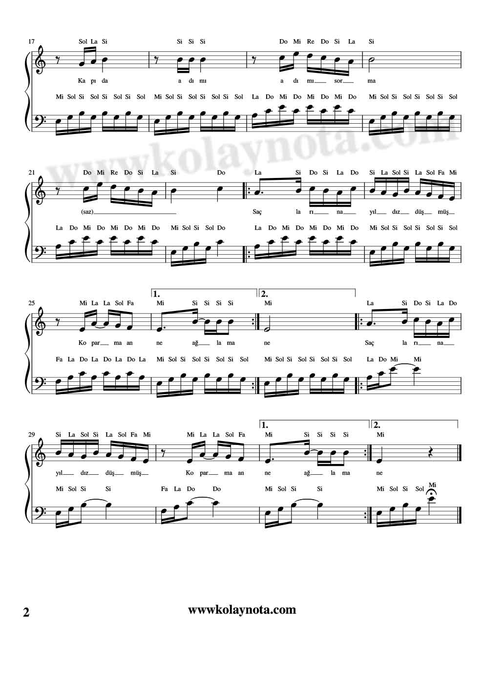 Şafak Türküsü Piyano Notaları - 2