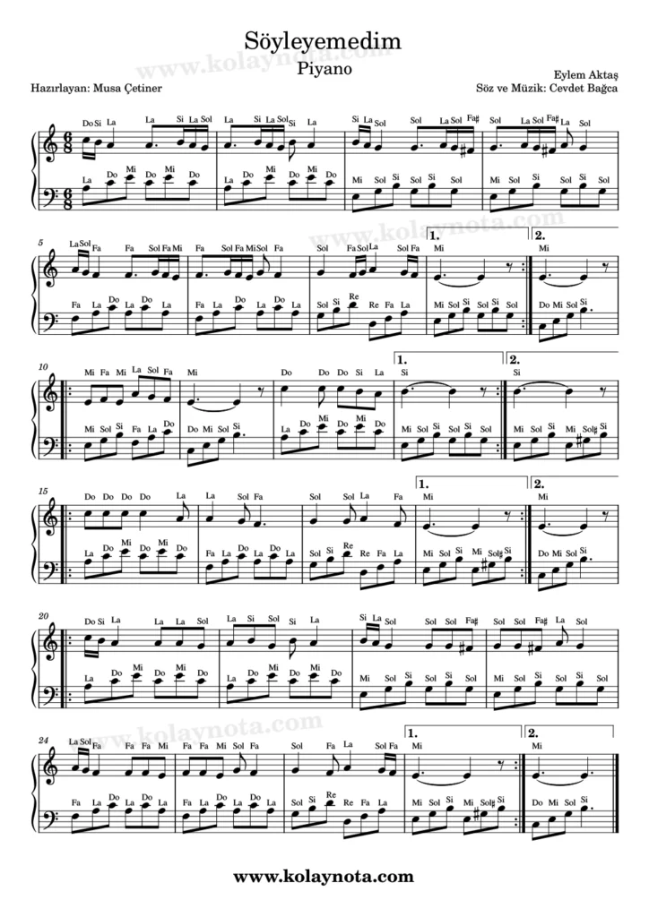 Söyleyemedim şarkısının piyano düzenlemesi