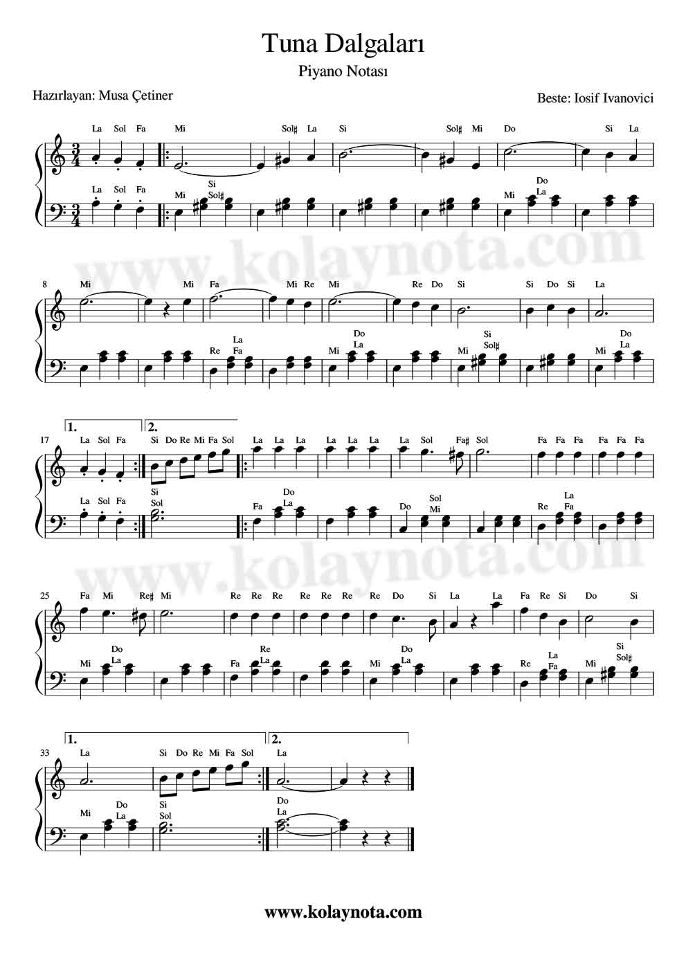Tuna Dalgaları Valsi Piyano Notası
