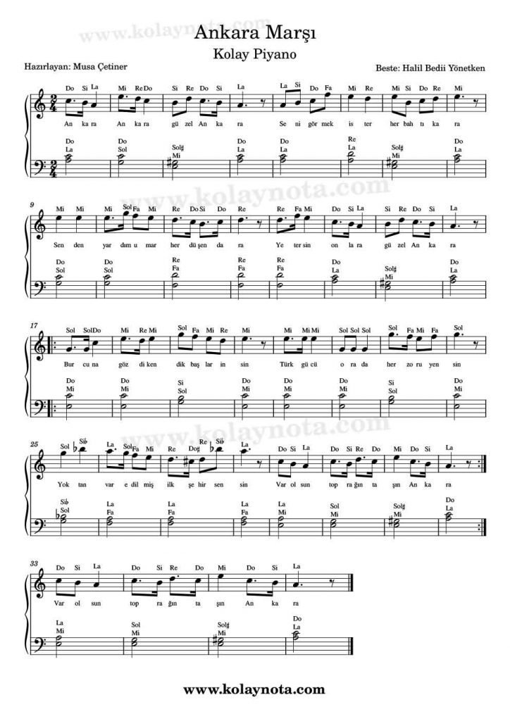 Ankara Marşı - Kolay Piyano Notası