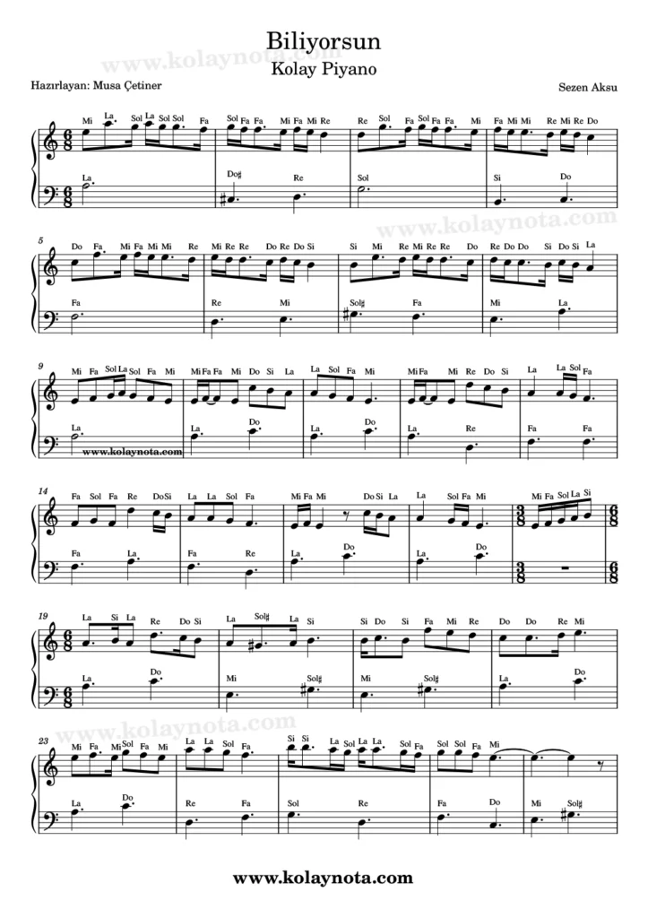 Biliyorsun - Piyano Notası