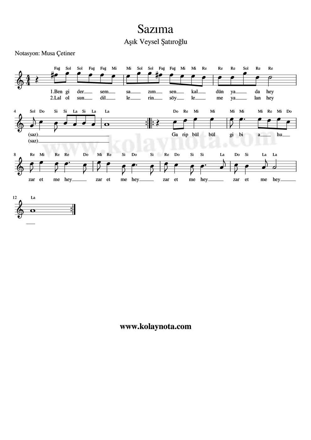 Sazıma - Kolay Notası