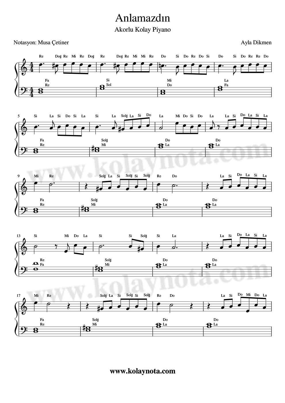Anlamazdın Piyano Notası