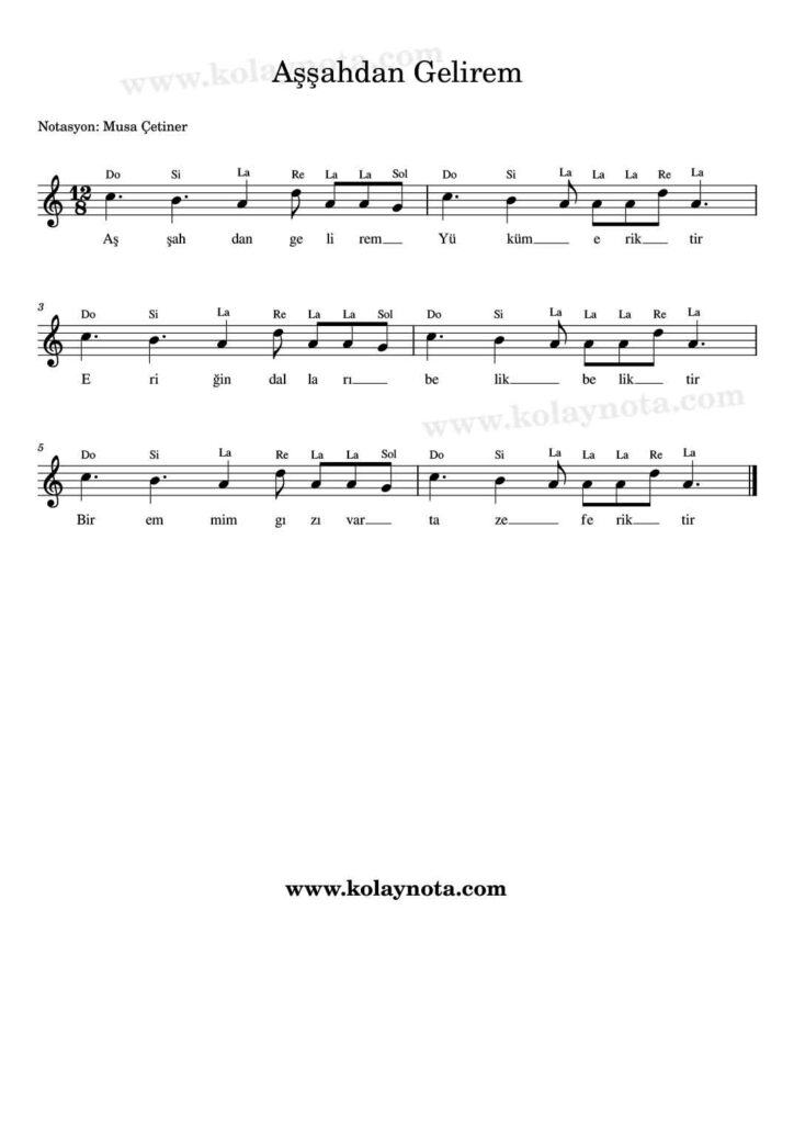 Aşşahdan Gelirem - Nota