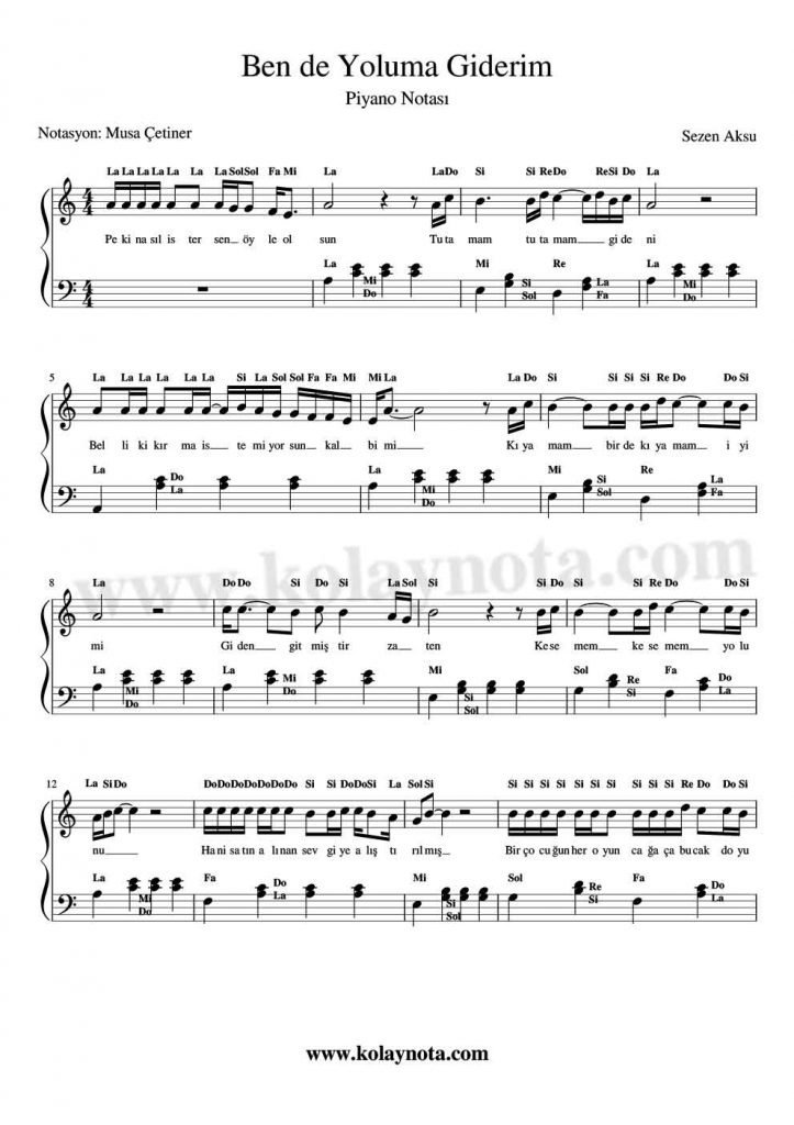 Ben de Yoluma Giderim - Piyano Notası