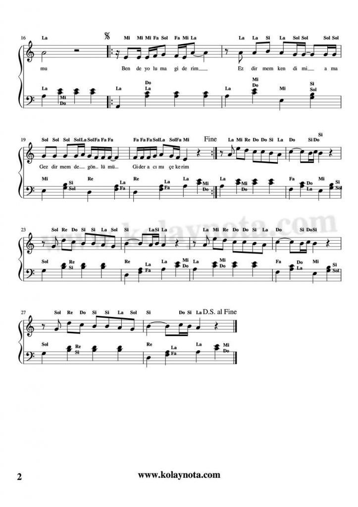 Ben de Yoluma Giderim - Piyano Notası - 2