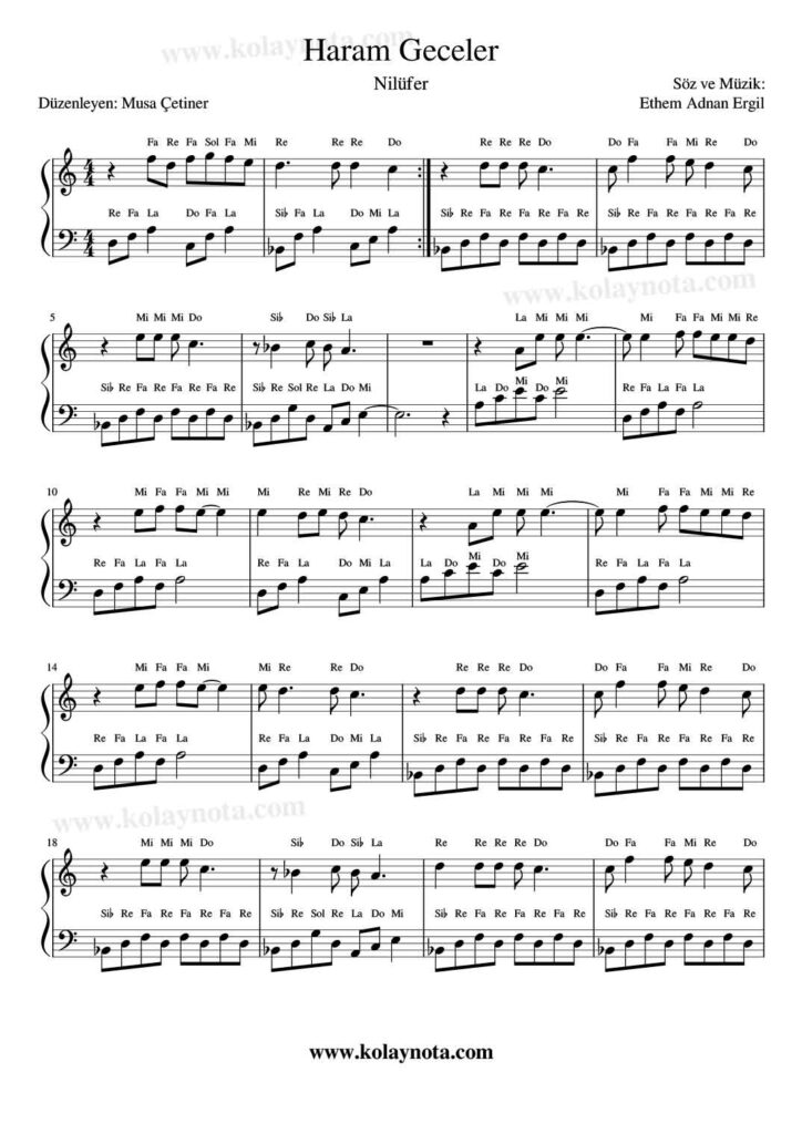 Haram Geceler - Piyano Nota