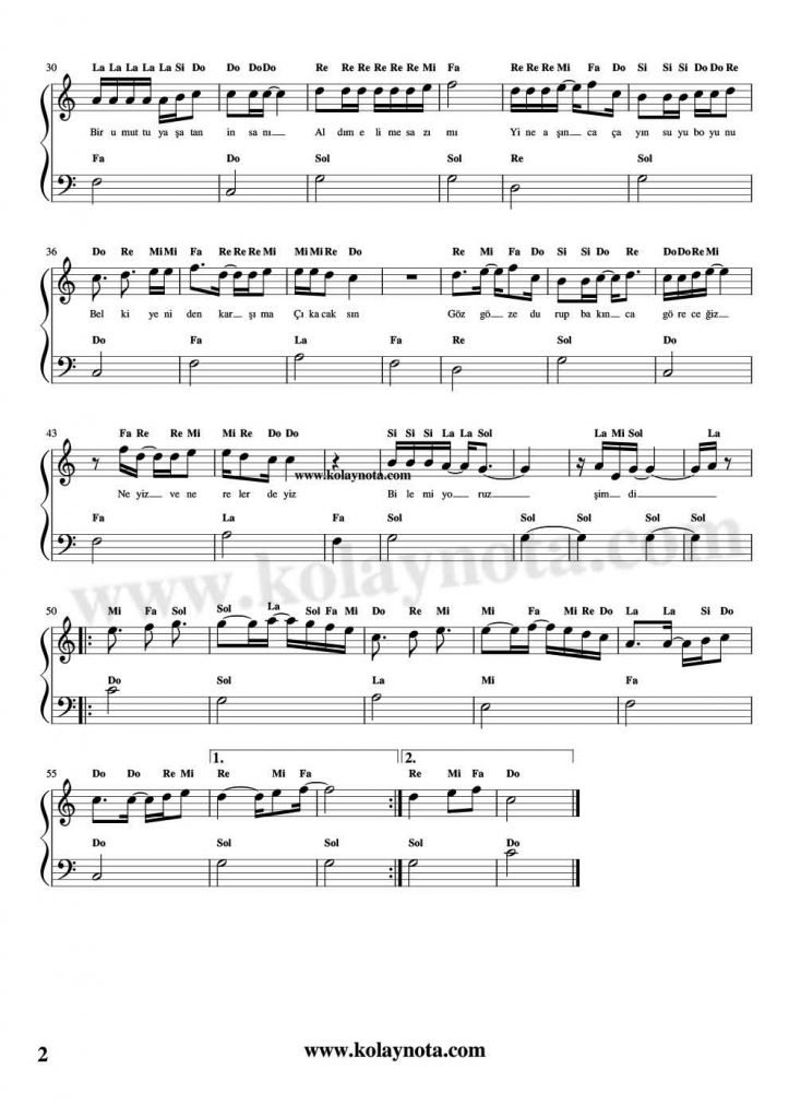 Sözlerimi Geri Alamam - Kolay Piyano Notası - 2