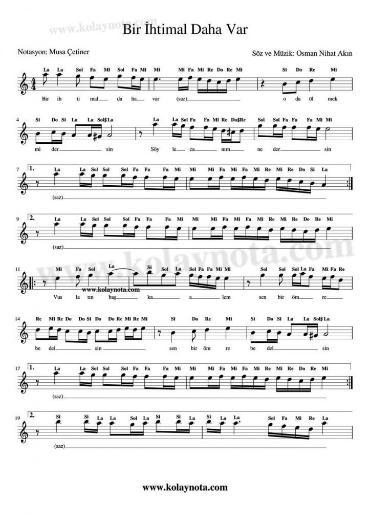 Bir İhtimal Daha Var Notaları - Kolay Nota