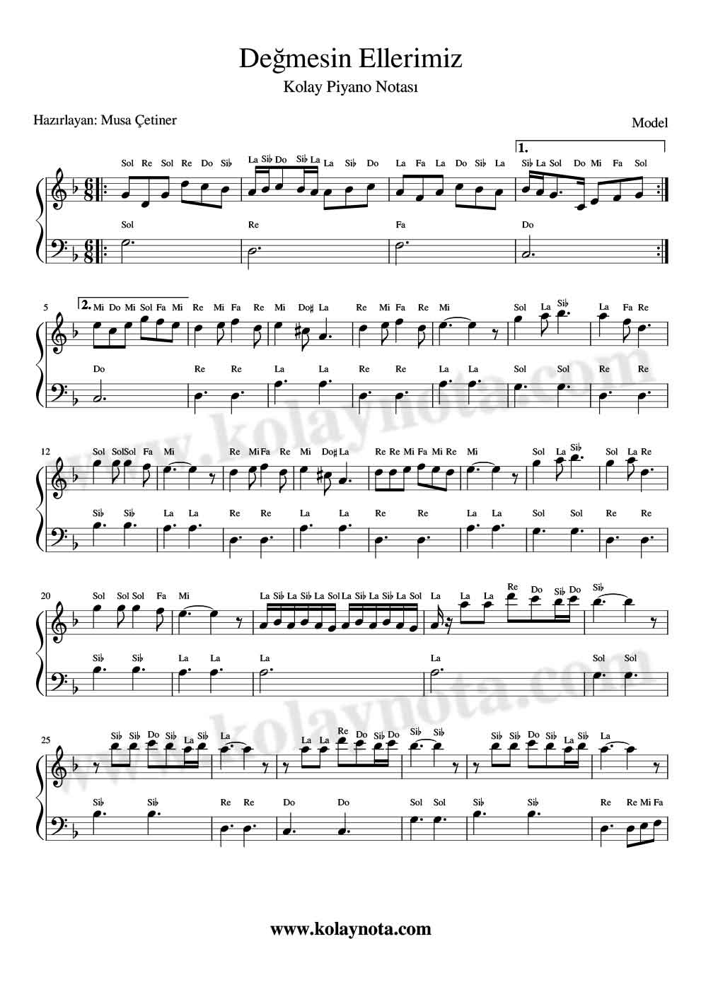 Değmesin Ellerimiz Piyano Notaları