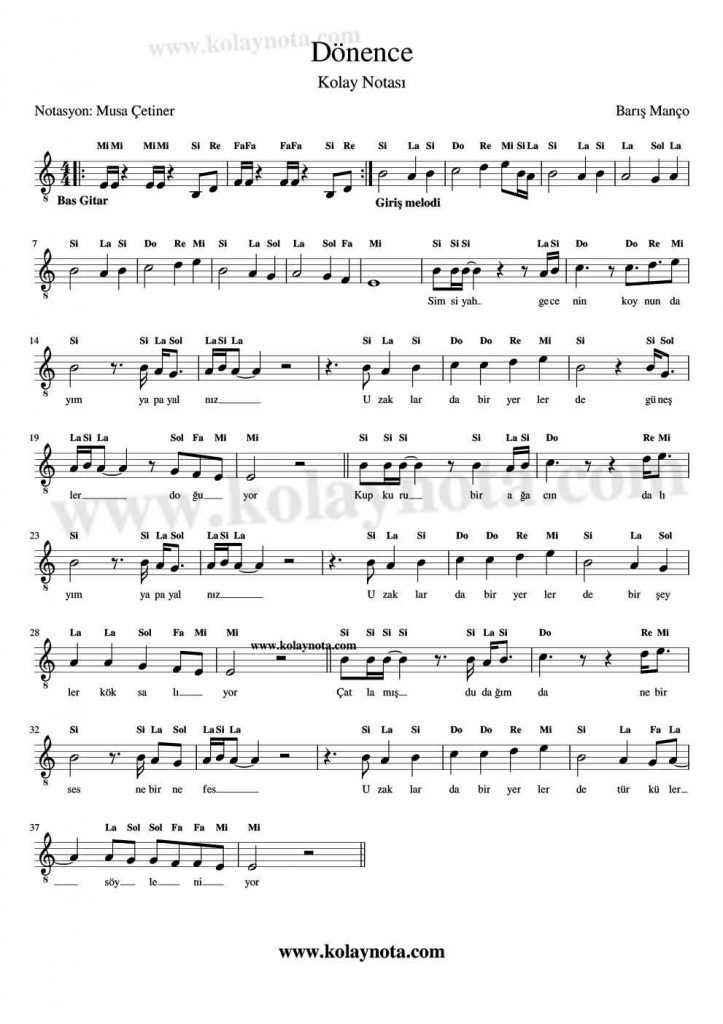 Dönence Notaları - Kolay Notası