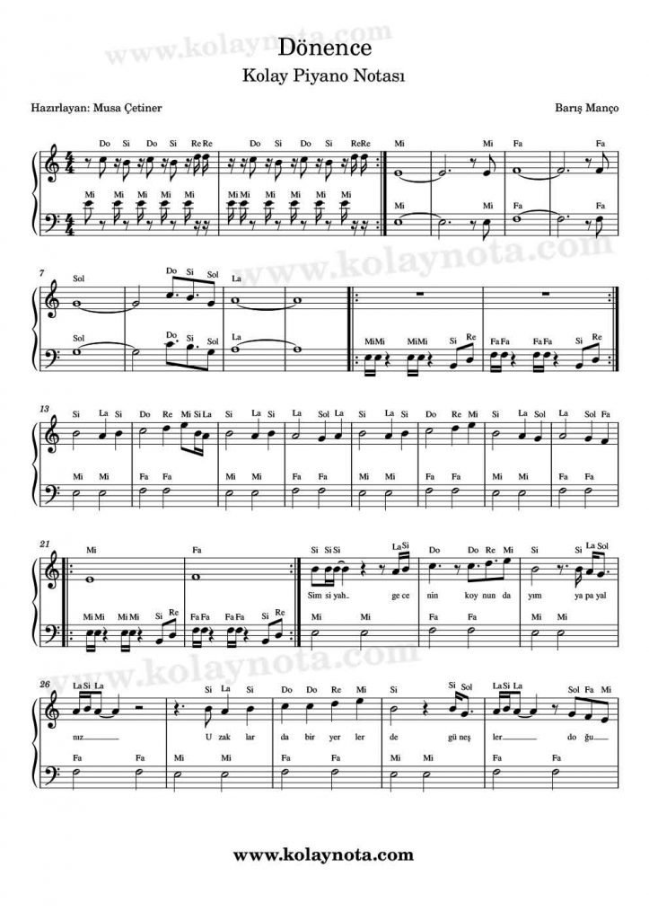 Dönence - Kolay Piyano Notası