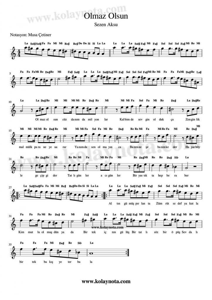Olmaz Olsun Notaları - Kolay Nota