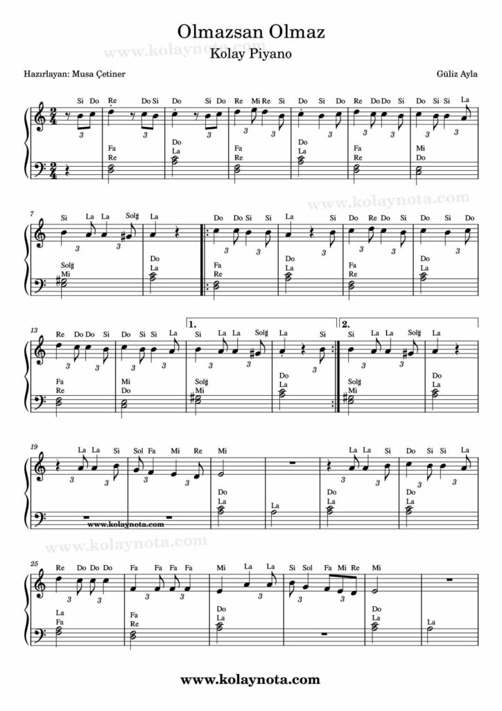Olmazsan Olmaz - Piyano Notası