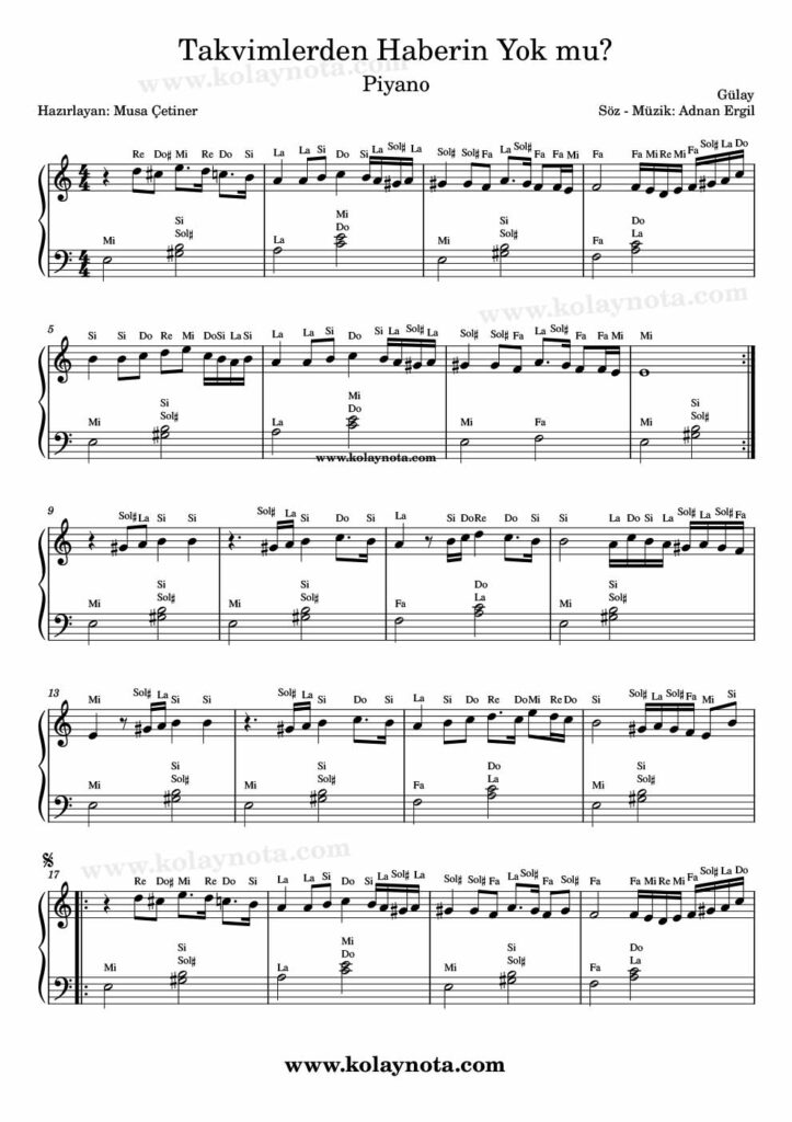 Takvimlerden Haberin Yok Mu - Piyano Notası
