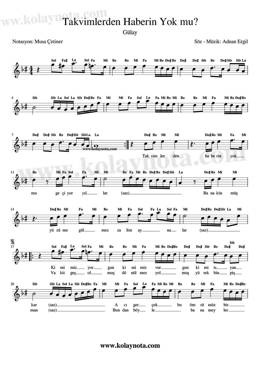 Takvimlerden Haberin Yok mu? - Kolay Notası