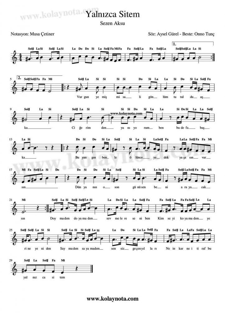 Yalnızca Sitem - Doymadım Doyamadım Nota