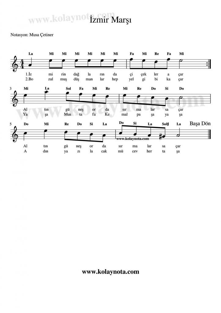 İzmir Marşı Notaları - La Minör