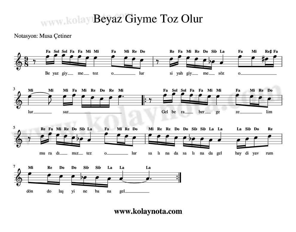 Beyaz Giyme Toz Olur Kolay Notası