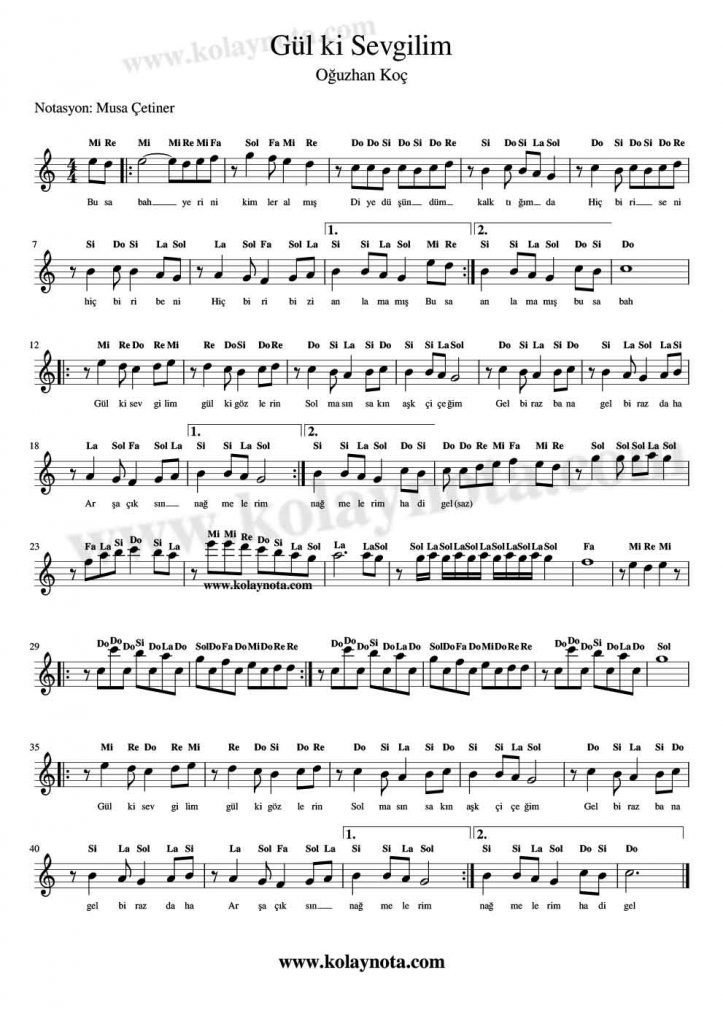 Gül ki Sevgilim Notaları