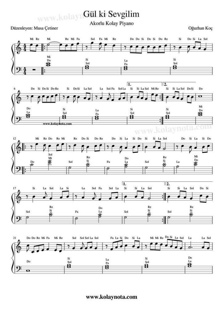 Gül ki Sevgilim - Piyano Nota
