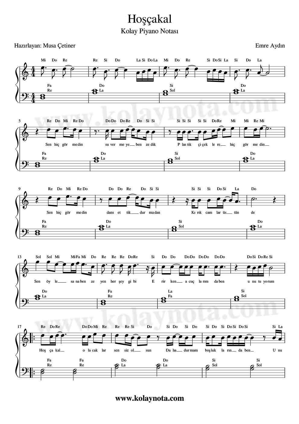 Hoşçakal Kolay Piyano Notası