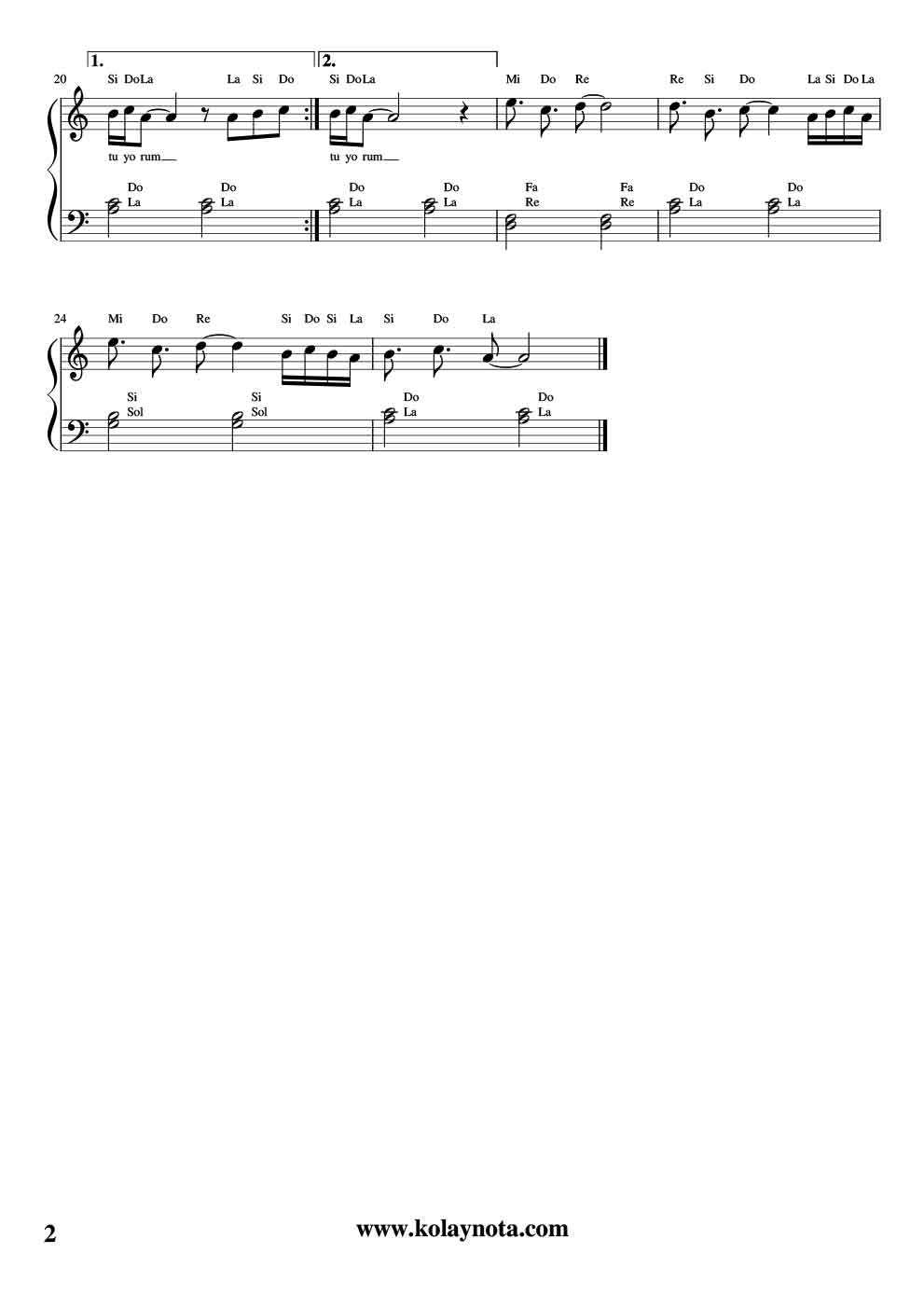 Hoşçakal Kolay Piyano Notası - 2