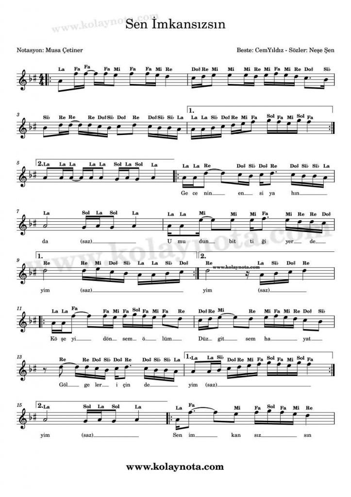 Sen İmkansızsın Kolay Notası