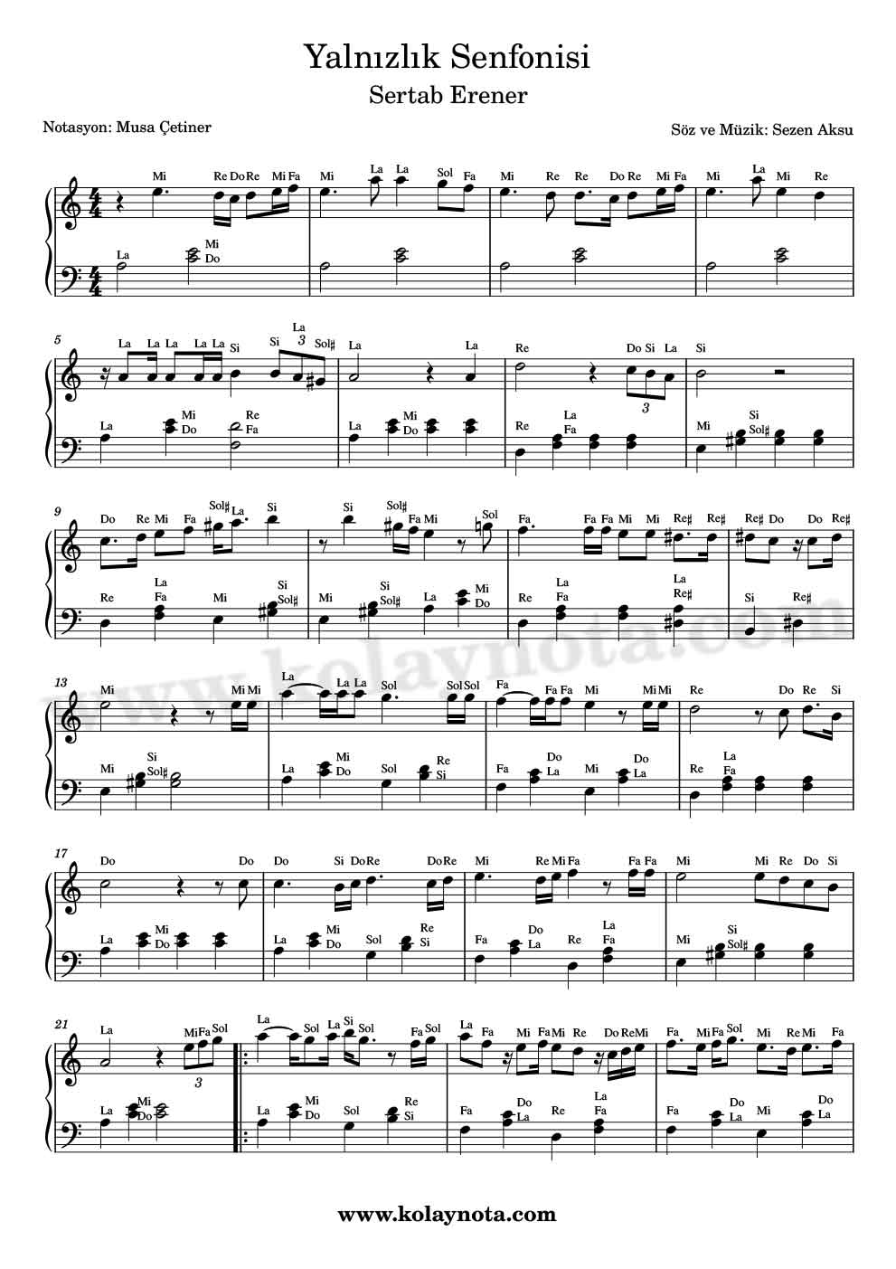 Yalnızlık Senfonisi Piyano Notaları