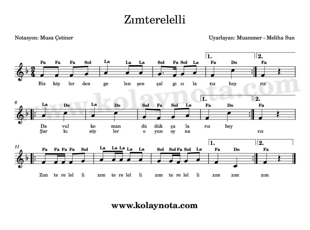 Zımterelli Kolay Notası