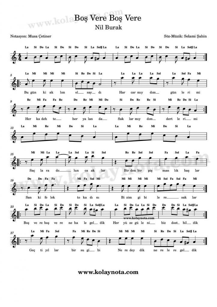 Boş Vere Boş Vere Kolay Notası