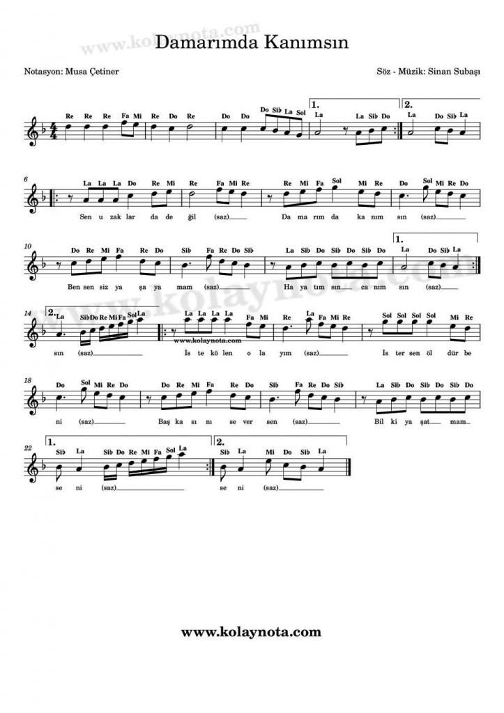 Damarımda Kanımsın Kolay Notası