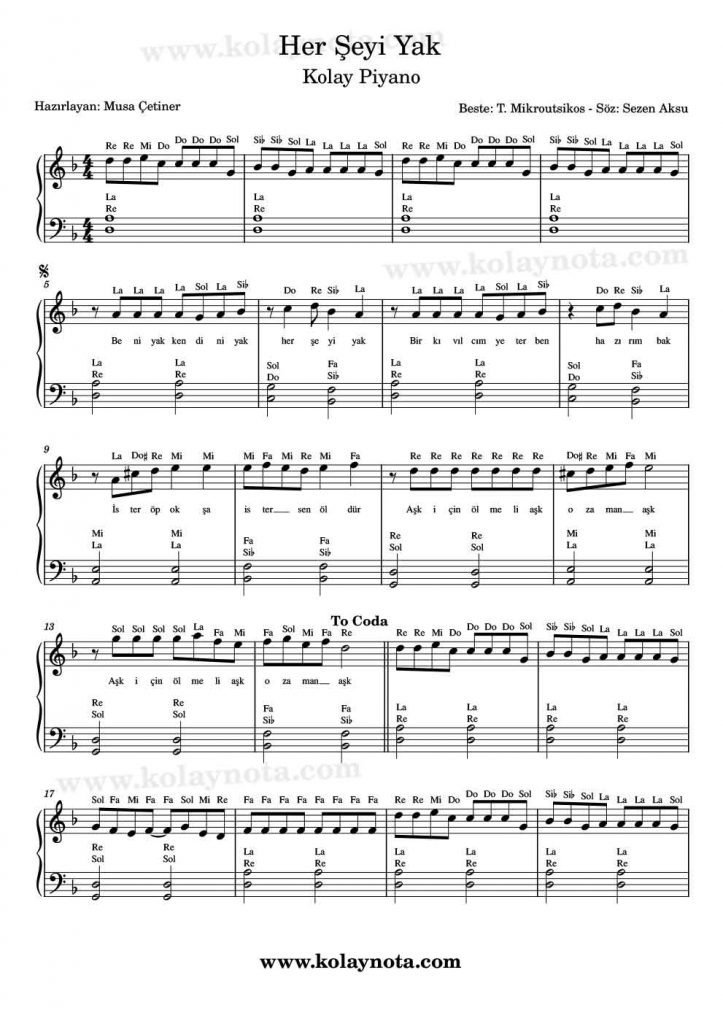 Her Şeyi Yak - Piyano Notası