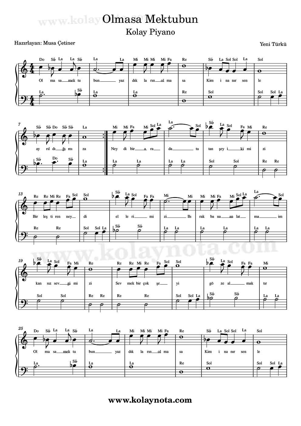 Olmasa Mektubun - Piyano Notası