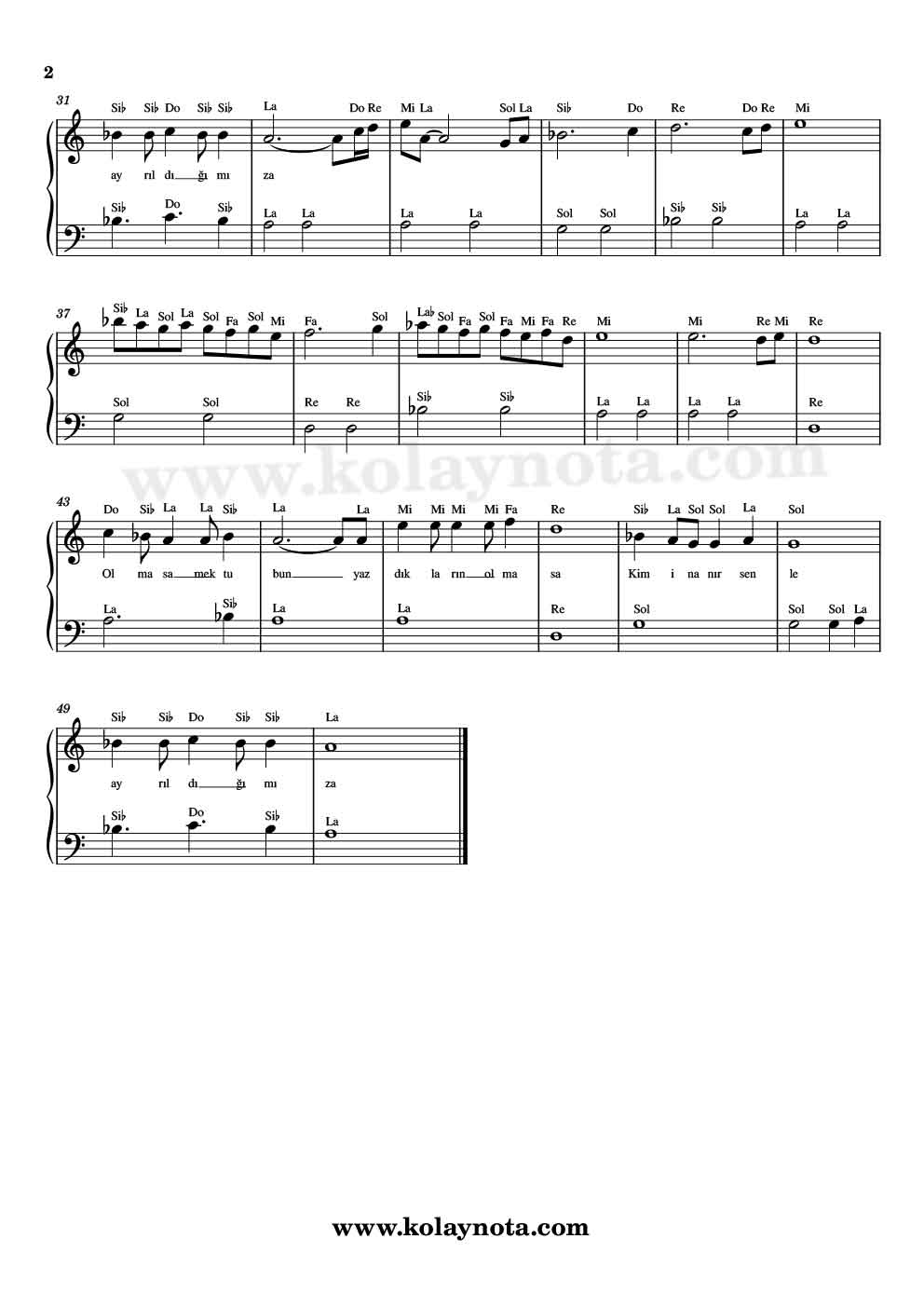 Olmasa Mektubun - Piyano Notası - 2