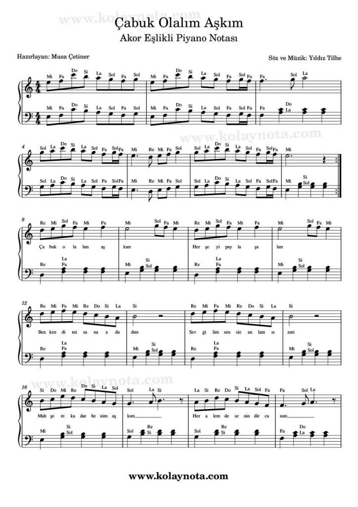 Çabuk Olalım Aşkım - Piyano Notası