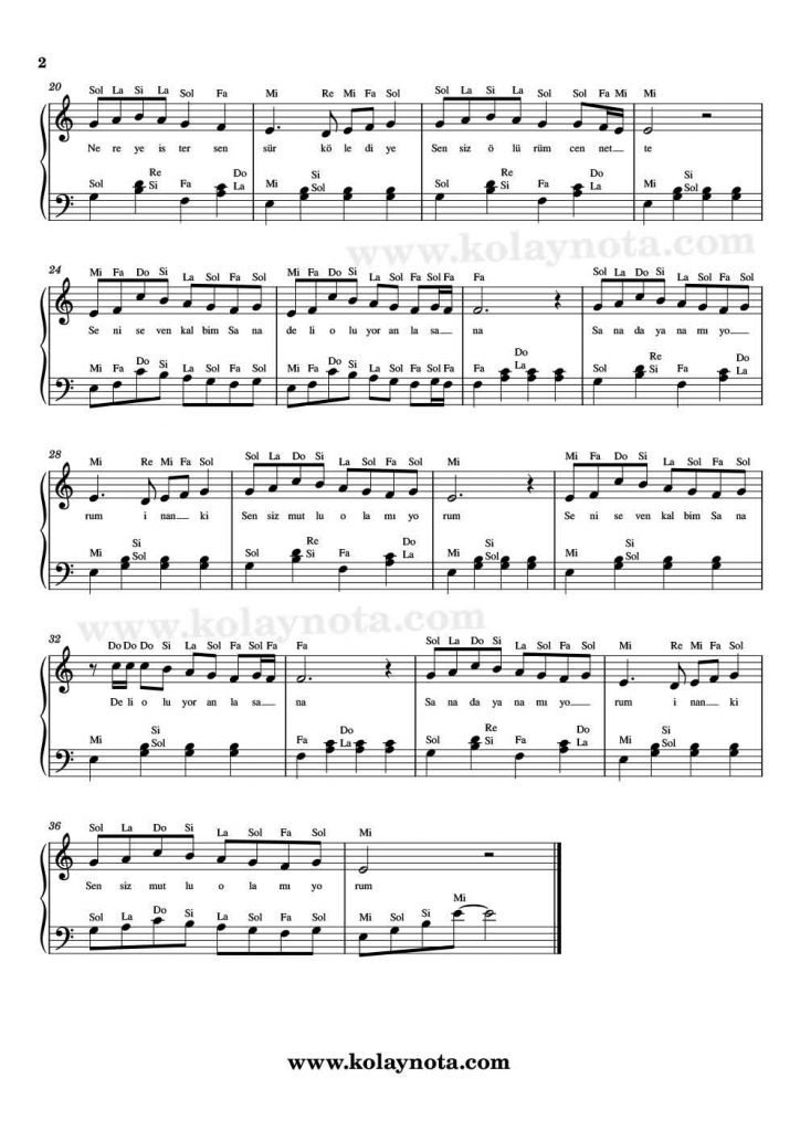 Çabuk Olalım Aşkım - Piyano Notası - 2