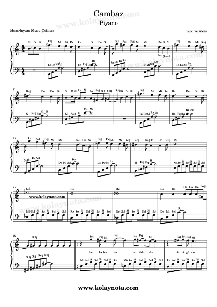 mor ve ötesi, Cambaz şarkısının piyano notası