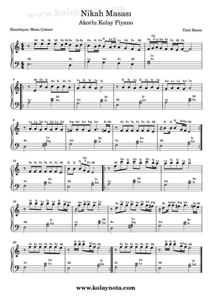 Nikah Masası - Piyano Notası
