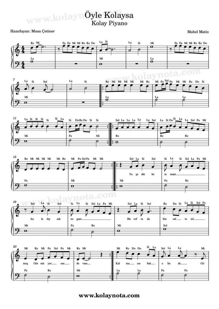 Öyle Kolaysa - Kolay Piyano Notası
