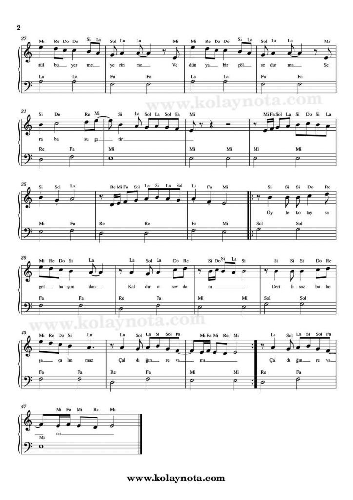 Öyle Kolaysa - Kolay Piyano Notası - 2