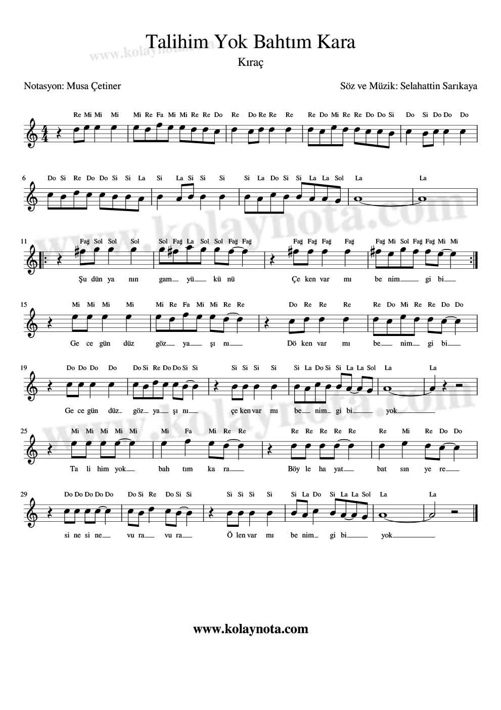 Talihim Yok Bahtım Kara Kolay Notası