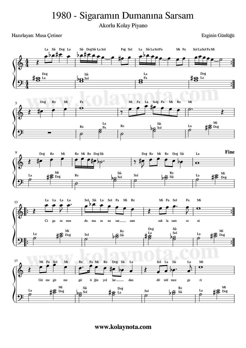 Sigaramın Dumanına Sarsam - Piyano Notası