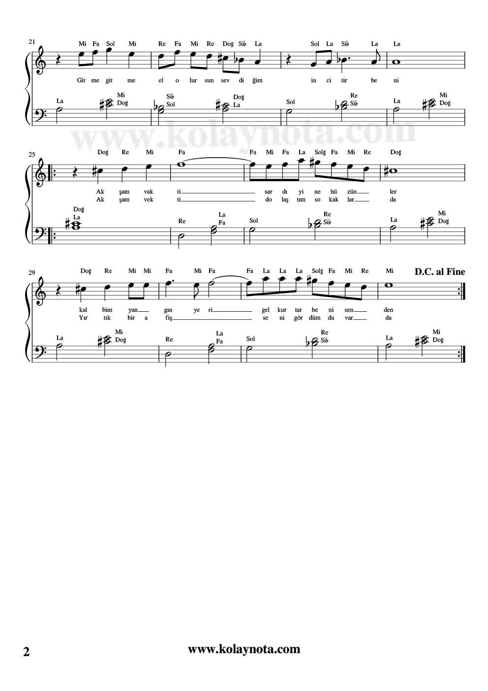 Sigaramın Dumanına Sarsam - Piyano Notası - 2