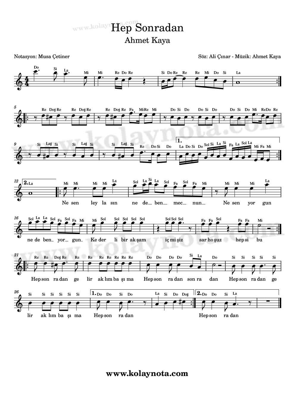 Hep Sonradan Kolay Notası