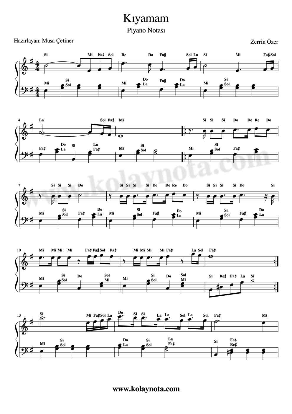 Kıyamam Piyano Notaları